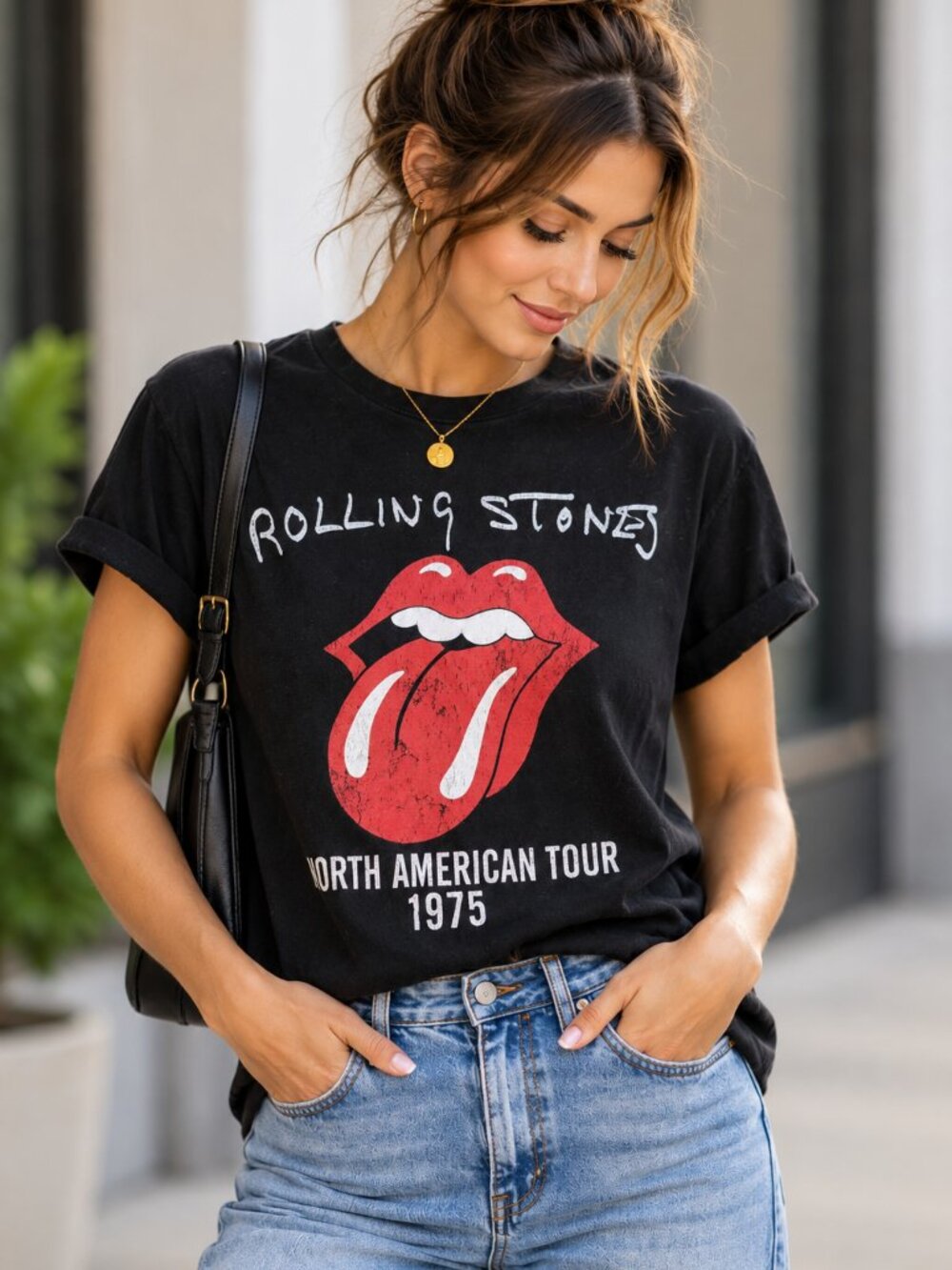 Rolling Stones North American Tour 1975 Graphic T-Shirt Black Medium